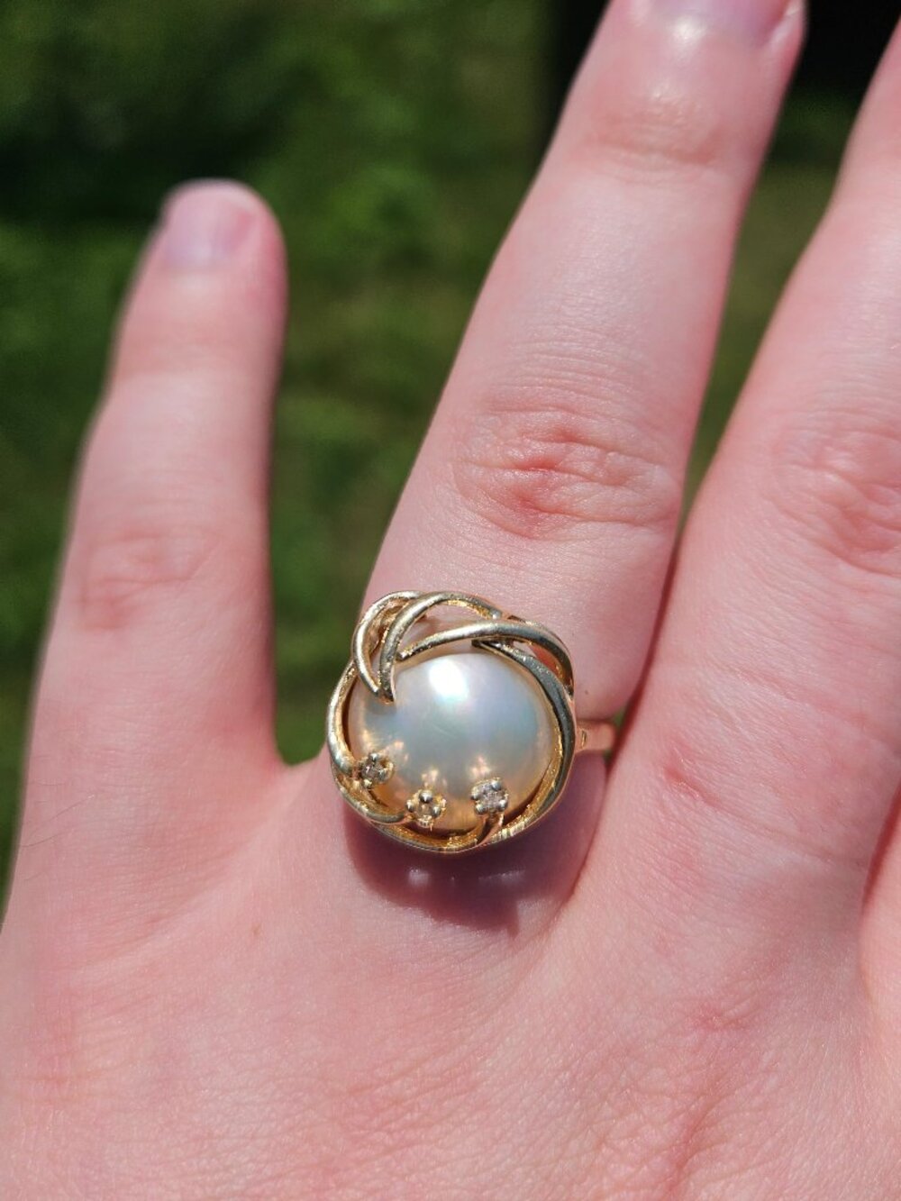 14K Yellow Gold Baroque Pearl Diamond Swirl Cocktail Cluster Ring 12mm Size 6